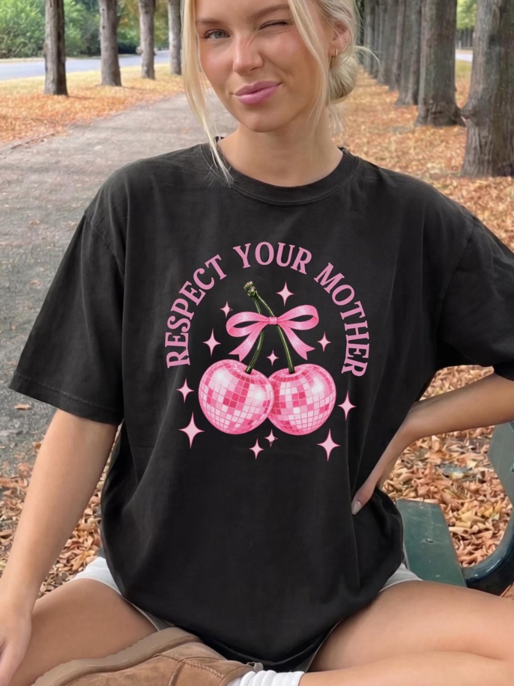 Black Tee with Pink Cherry Graphic - Respect Your Mother